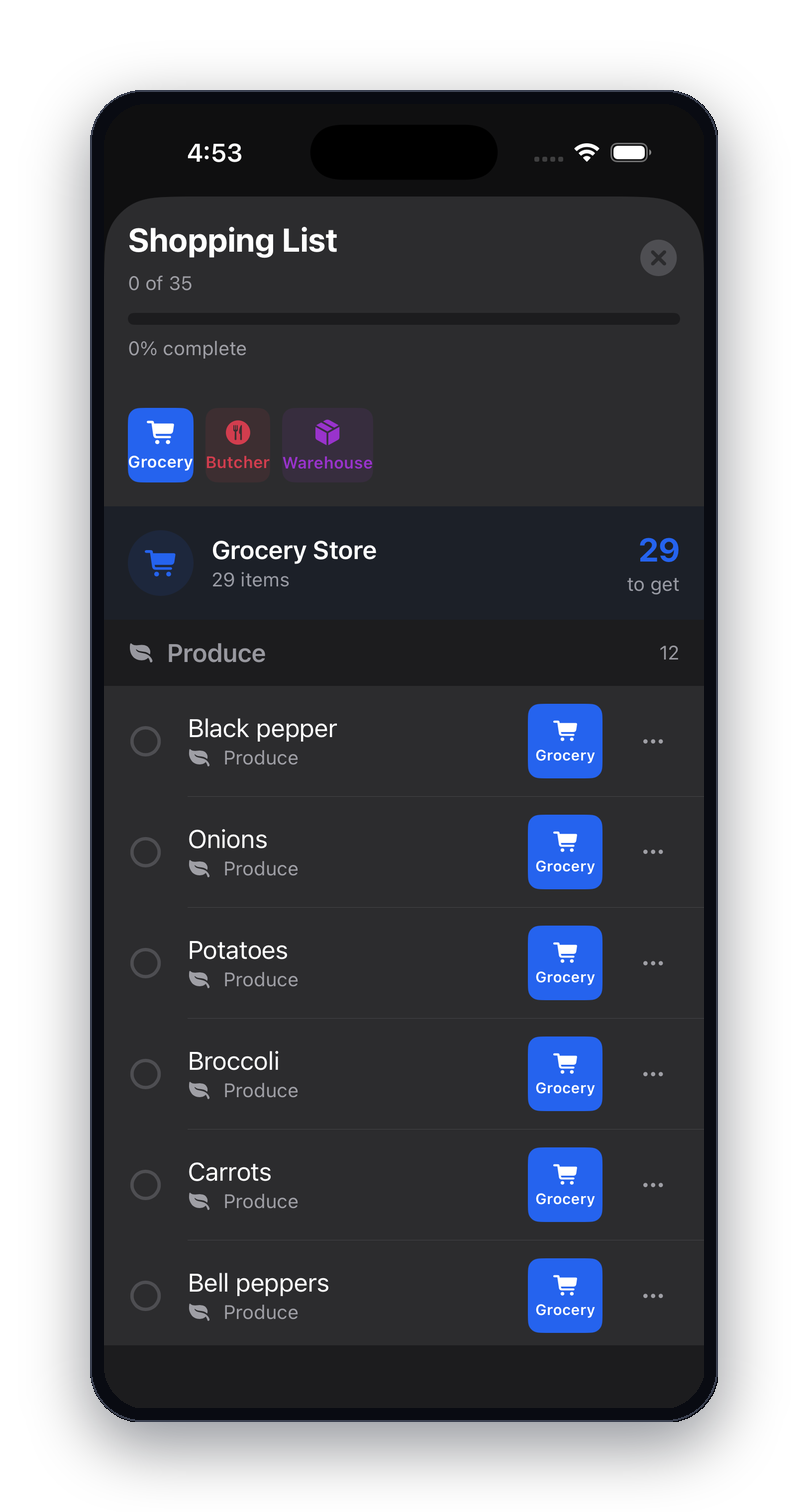 Grocery store tab in ListWise, 29 items grouped by produce and category