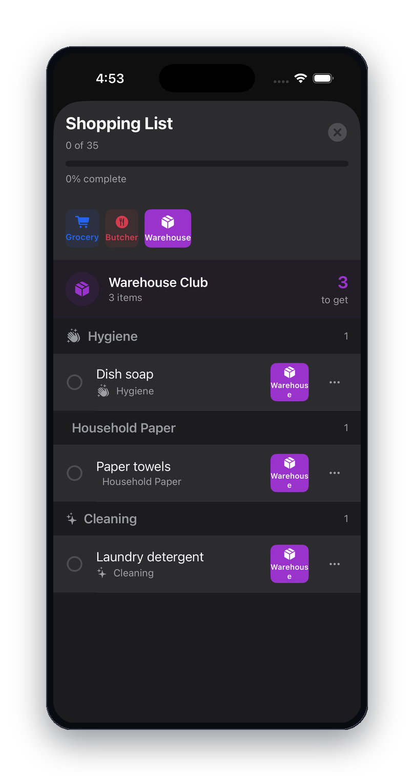 Warehouse Club tab showing hygiene, household paper and cleaning items