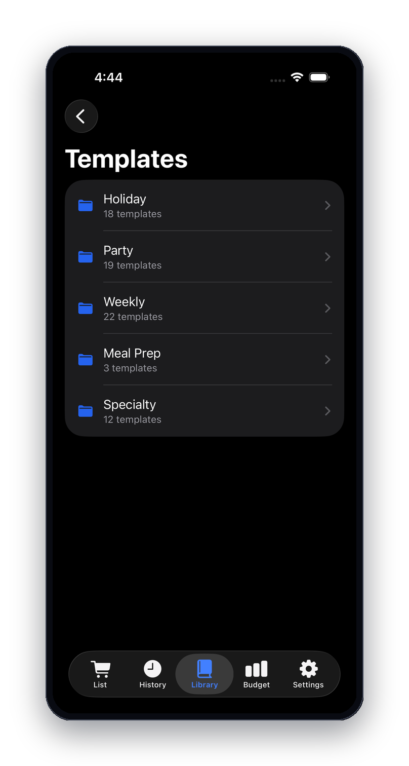 Template folders: Holiday, Party, Weekly, Meal Prep and Specialty