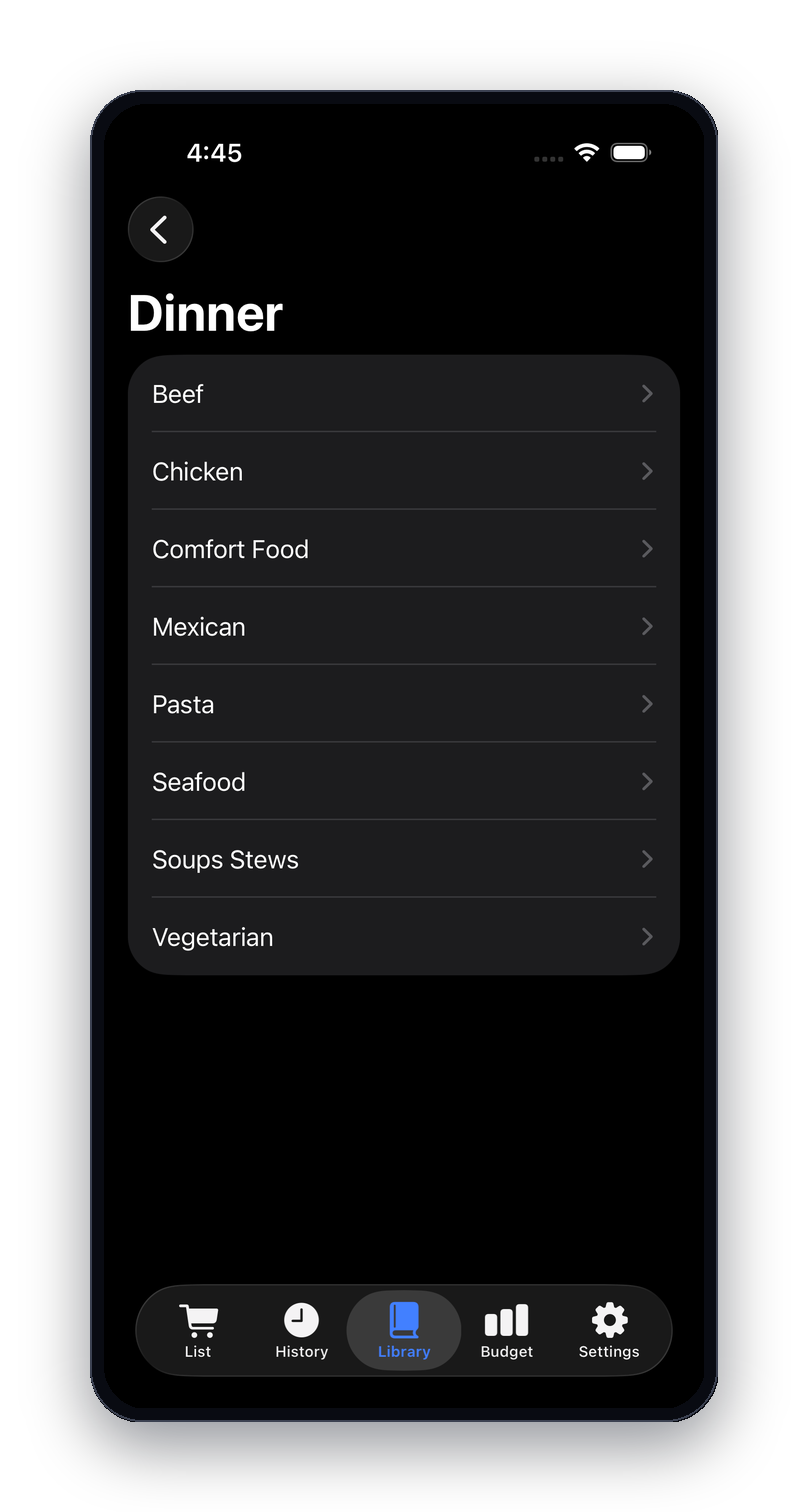 Recipe categories including beef, chicken, pasta and vegetarian