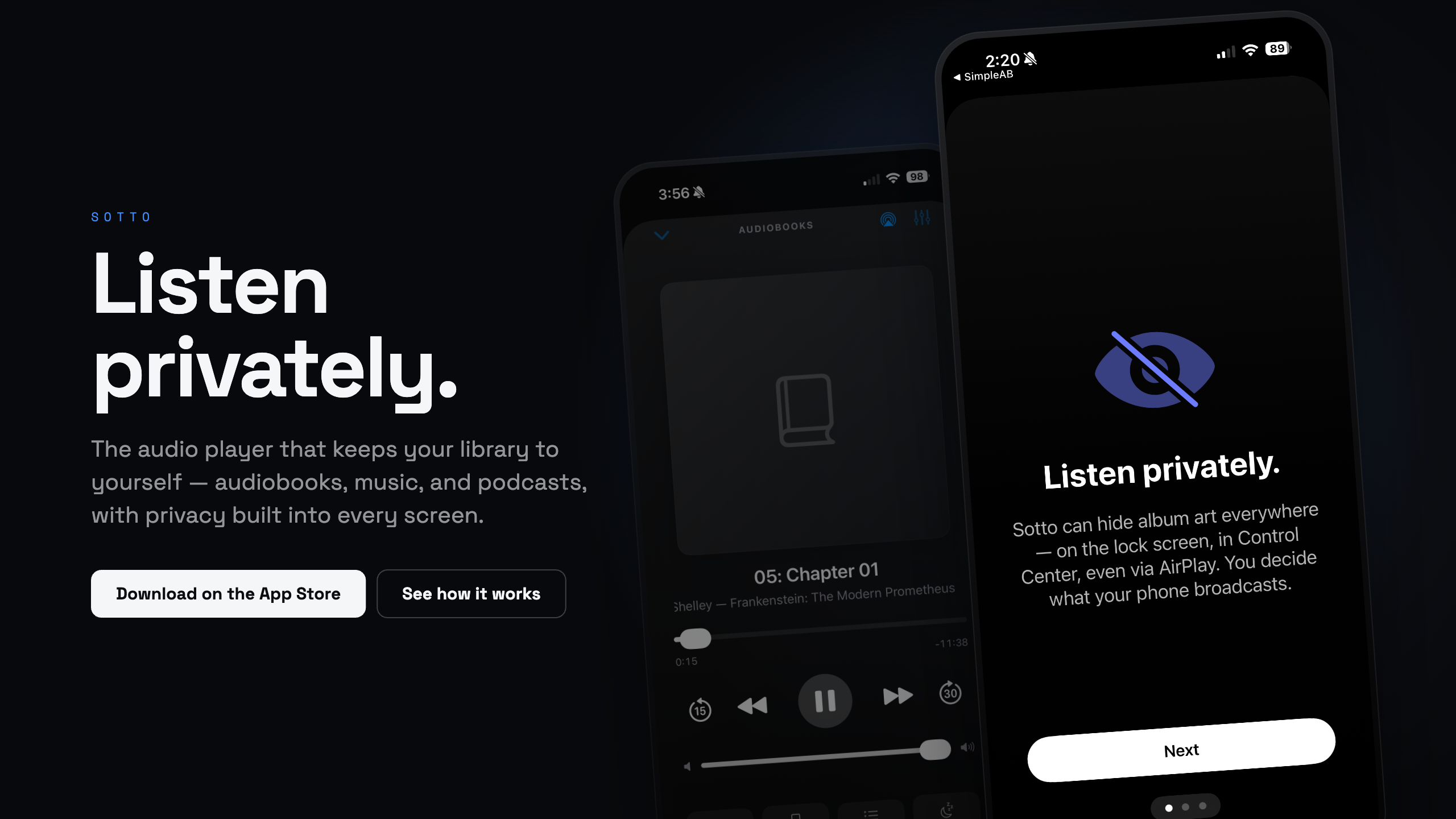 Sotto shown on two phones: the audiobook player, and the “Listen privately” privacy screen.